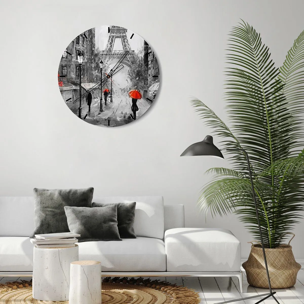 Wall clock - Clock on glass - Black and white street with the Eiffel Tower and red umbrellas - 30x30cm - All Roads Lead to Her - Modern wall decoration for the living room, kitchen, and bedroom ARTTOR