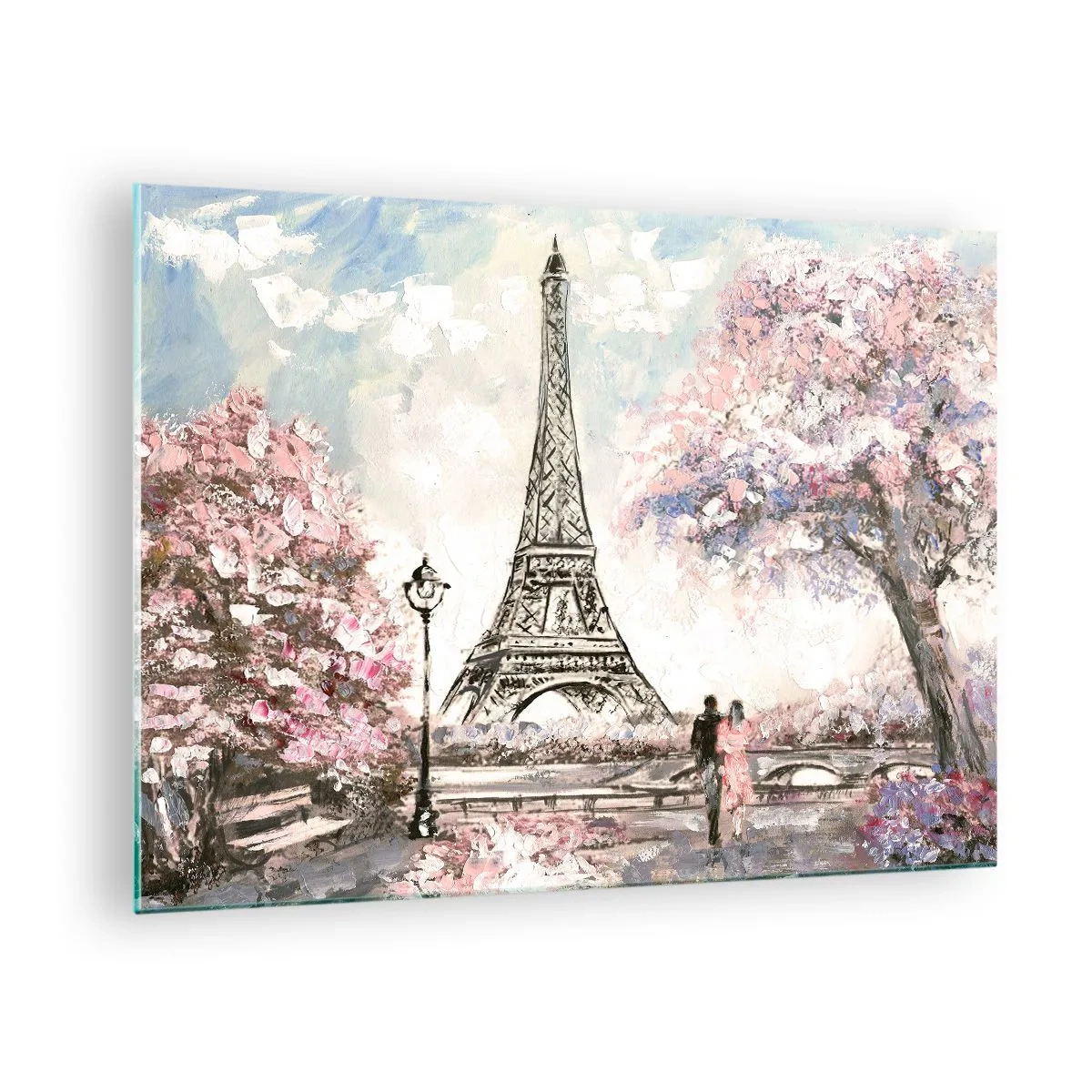 Glass picture - Illustration of the Eiffel Tower in a spring setting - 70x50cm - April Walk in Paris - Modern wall decoration for the living room and bedroom ARTTOR