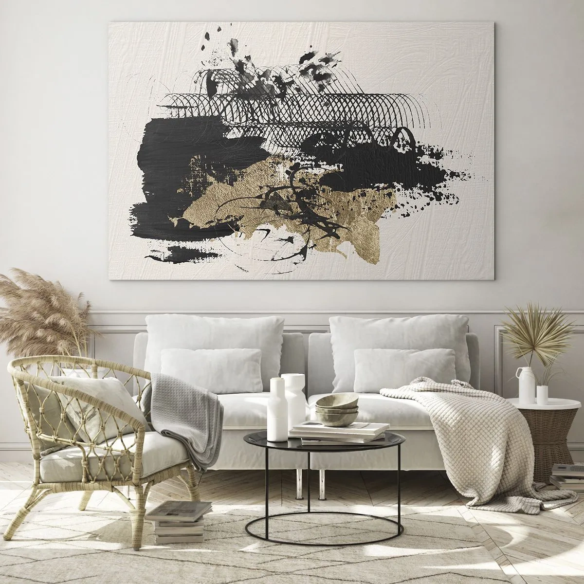 Glass picture - Abstract composition in black and gold on a light background - 70x50cm - Composition With Passion - Modern wall decoration for the living room and bedroom ARTTOR