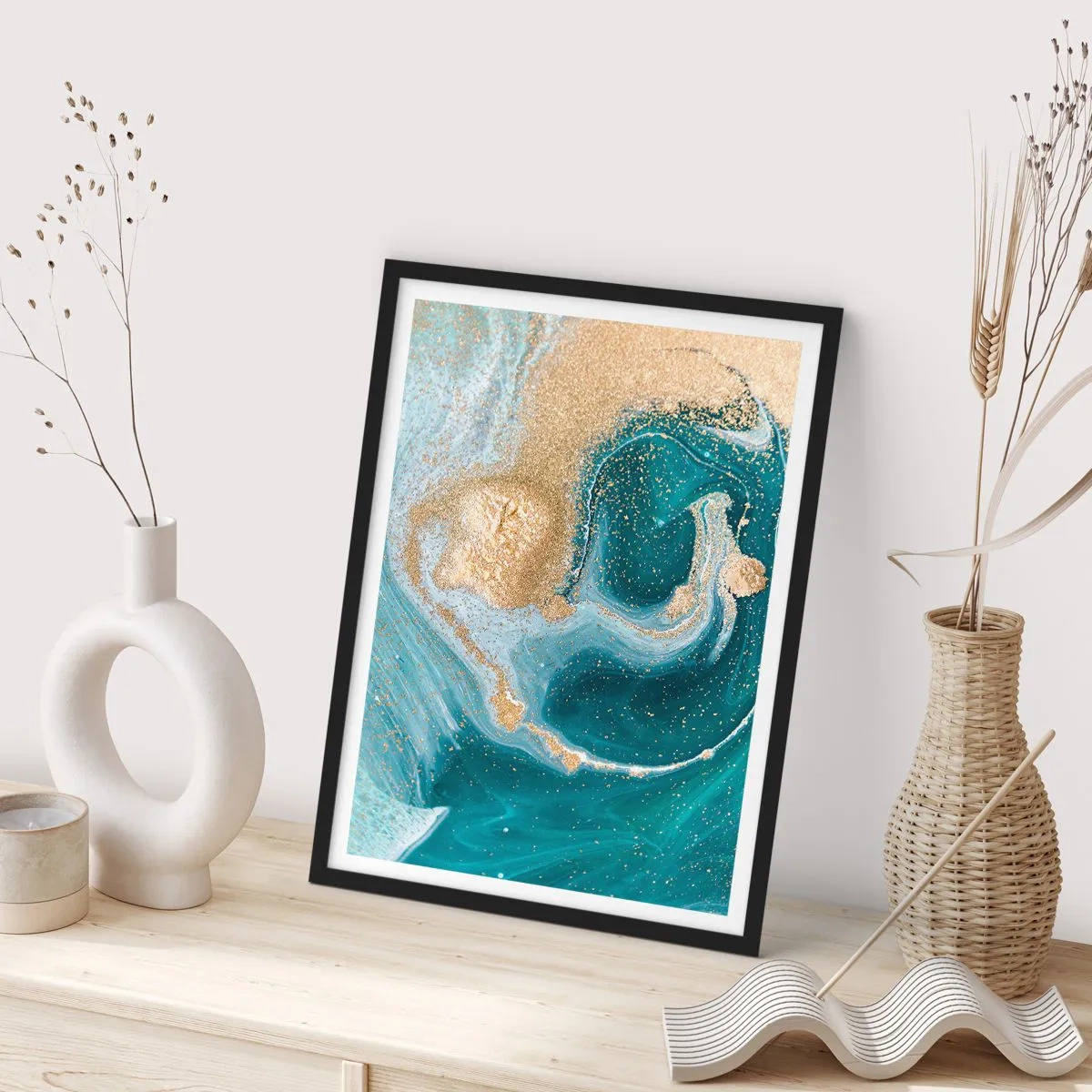Poster in black frame - Swirl of Gold and Turquiose - 70x100 cm
