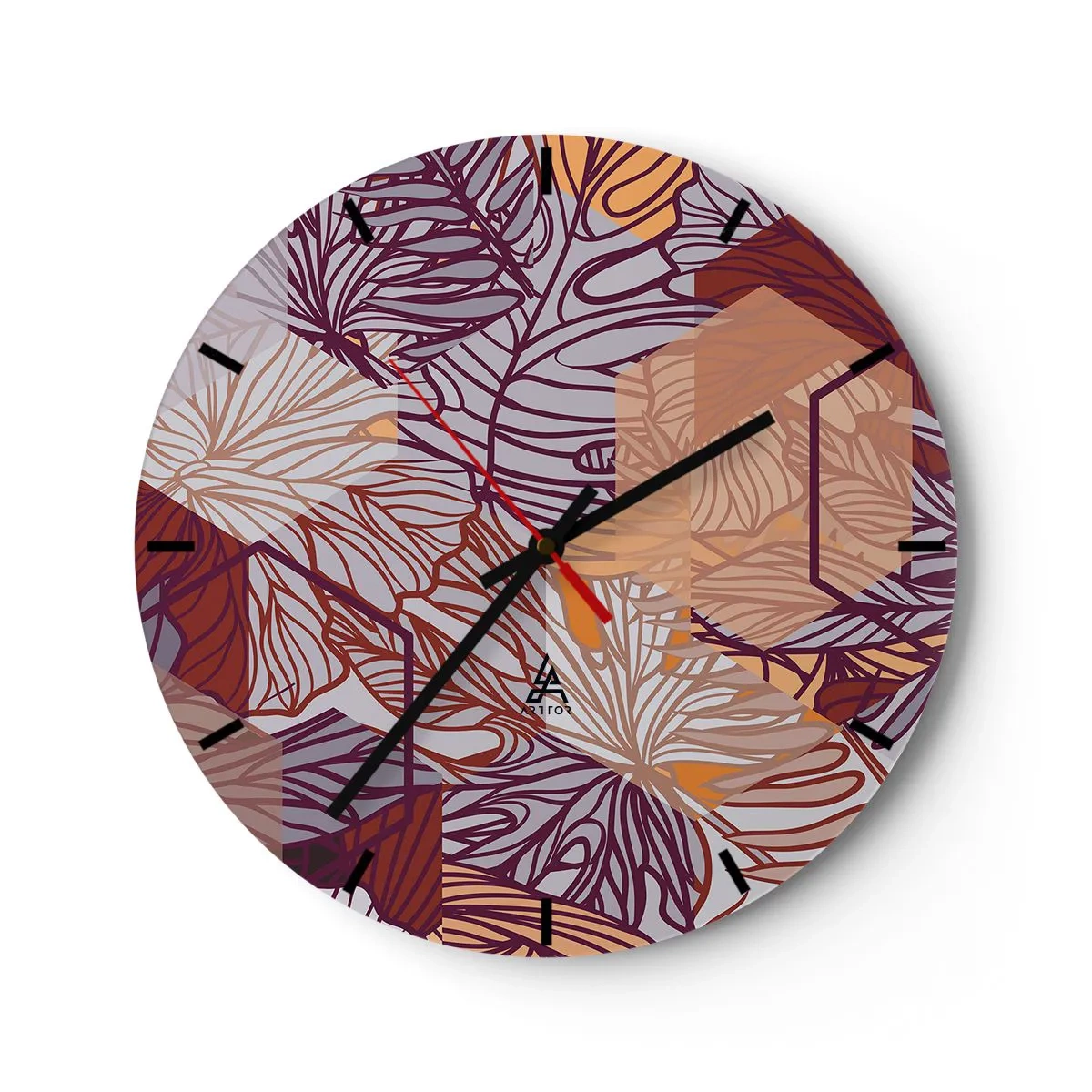 Wall clock - Clock on glass - Abstract leaves in shades of purple, orange, and beige - 30x30cm - Impossible Union of Geometry and Nature - Modern wall decoration for the living room, kitchen, and bedroom ARTTOR