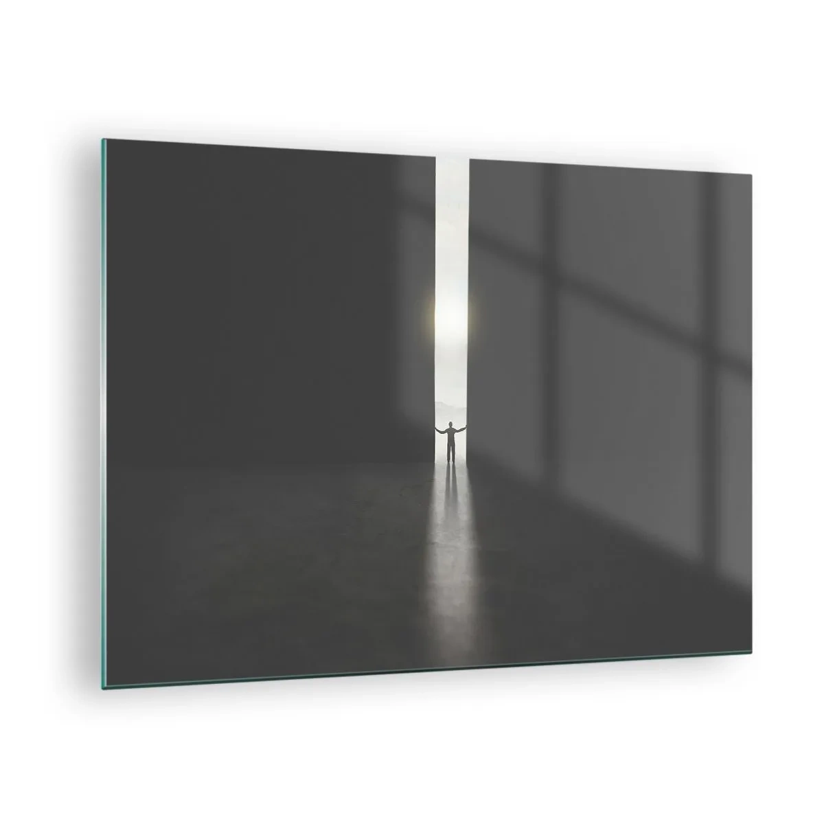 Glass picture - Silhouette of a man opening a door to a bright light - 70x50cm - Step to Bright Future - Modern wall decoration for the living room and bedroom ARTTOR