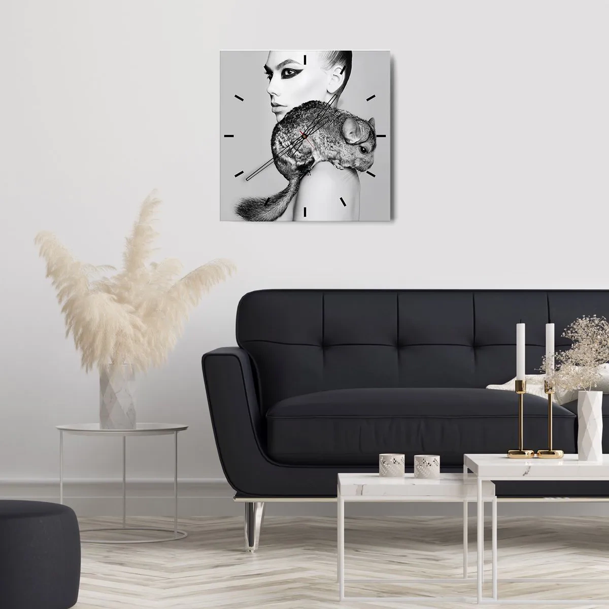 Wall clock - Clock on glass - Lady with a Chinchilla - 30x30 cm