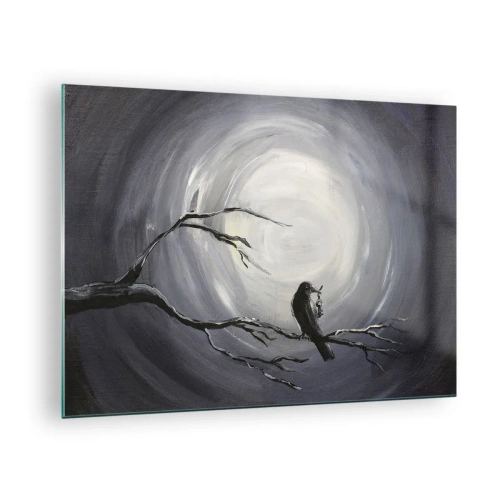 Glass picture - A raven sitting on a branch against the backdrop of a full moon - 70x50cm - Key to the Secret of the Night - Modern wall decoration for the living room and bedroom ARTTOR