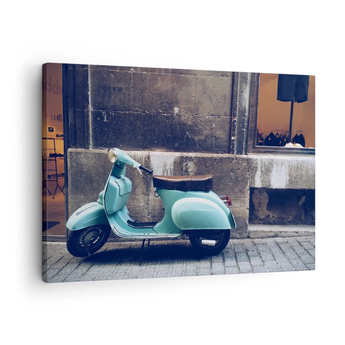 Canvas picture - A retro scooter parked against a stone wall - 70x50cm - Unforgetable Atmosphere - Modern wall decoration for the living room and bedroom ARTTOR