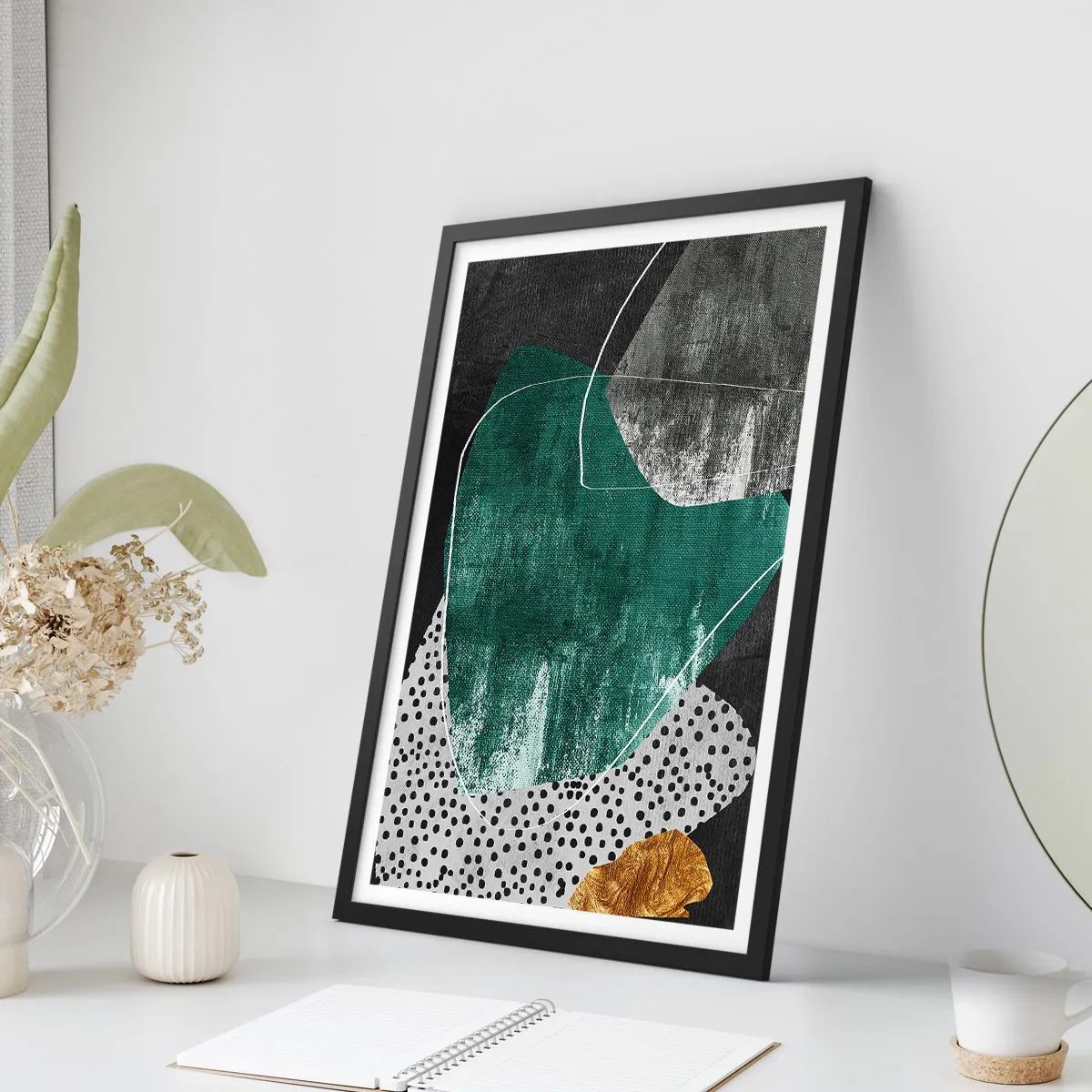 Poster in black frame - Abstract composition in green and gold - 50x70cm - Colourful Abstract with a Golden Petal - Modern wall decoration for the living room and bedroom ARTTOR