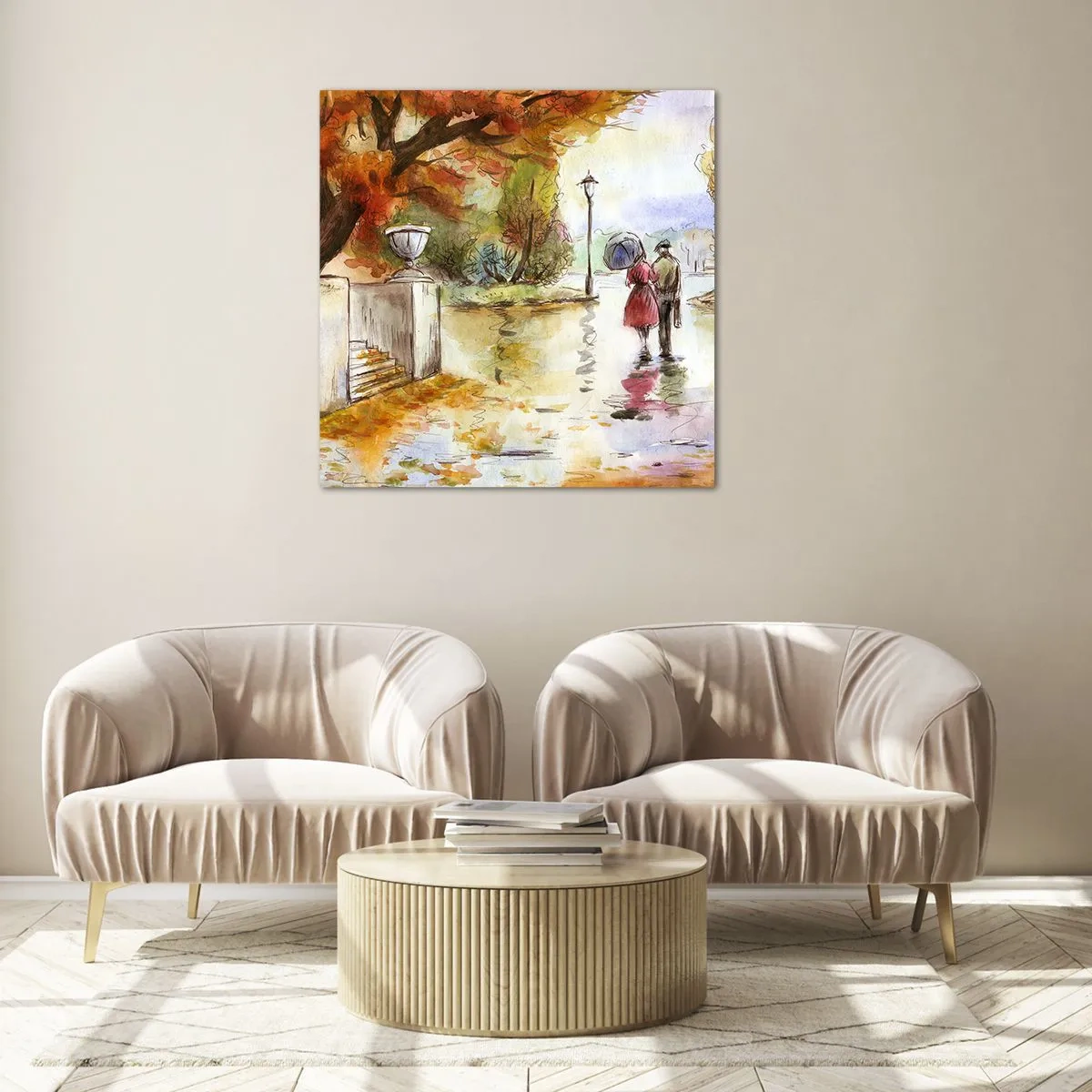 Glass picture - Romantic Autumn in a Park - 30x30 cm