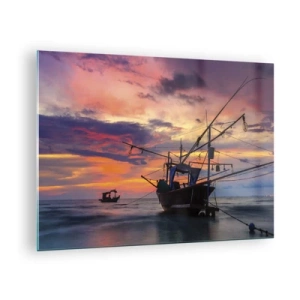 Glass picture - Fishing boats at sea at sunset - 70x50cm - Exotic Evening - Modern wall decoration for the living room and bedroom ARTTOR