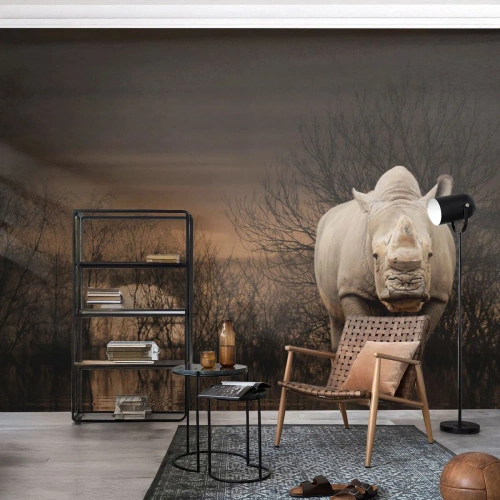 Photo Wallpaper Premium Sand - White against Nature - Rhinoceros, Animals, Africa - 250x175 cm