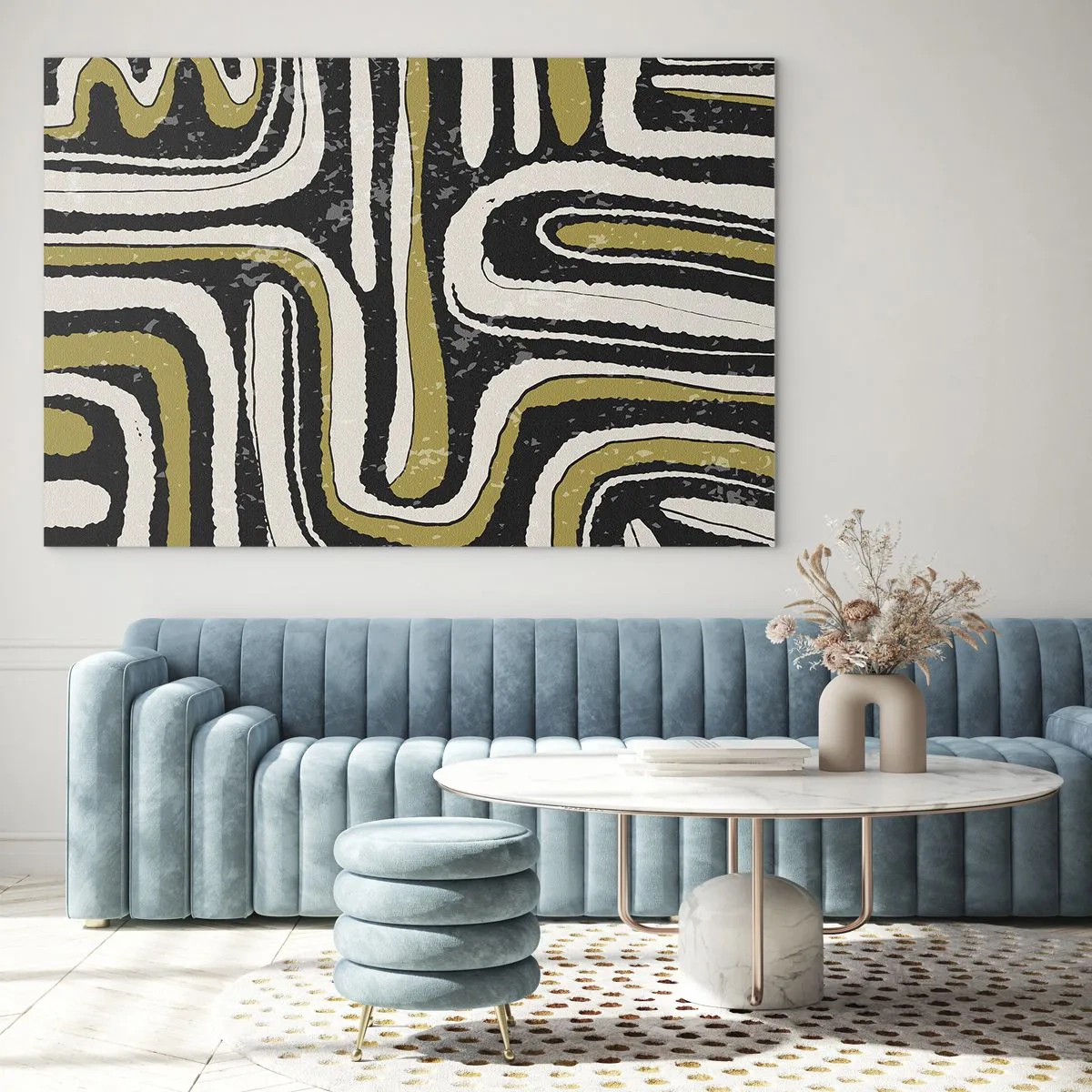 Glass picture - Abstract patterns in black, white and gold - 70x50cm - Compositions: Tracks and Alleys - Modern wall decoration for the living room and bedroom ARTTOR