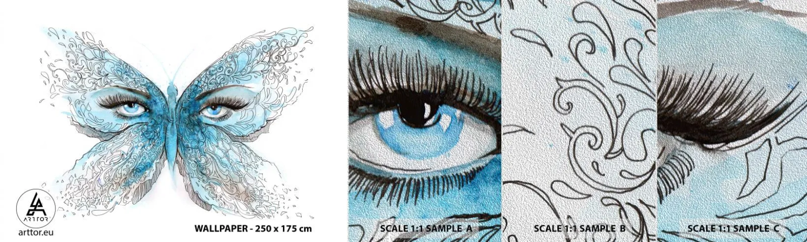 Photo Wallpaper Sample Premium Sand - Eros Praying Mantis - Abstraction, Butterfly, Female Eyes - 100x30 cm