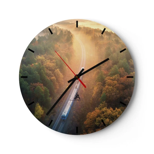 Wall clock - Clock on glass - A train traveling through an autumn forest in the morning fog - 30x30cm - Autumn Trip - Modern wall decoration for the living room, kitchen, and bedroom ARTTOR