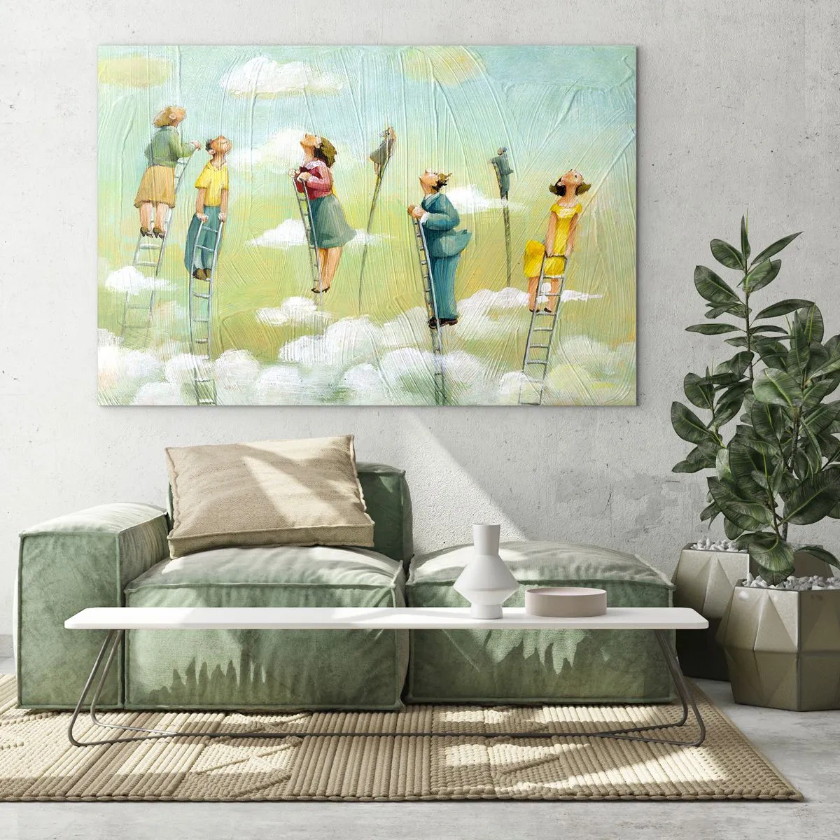 Glass picture - Figures climbing ladders among the clouds - 70x50cm - Following the Dream - Modern wall decoration for the living room and bedroom ARTTOR