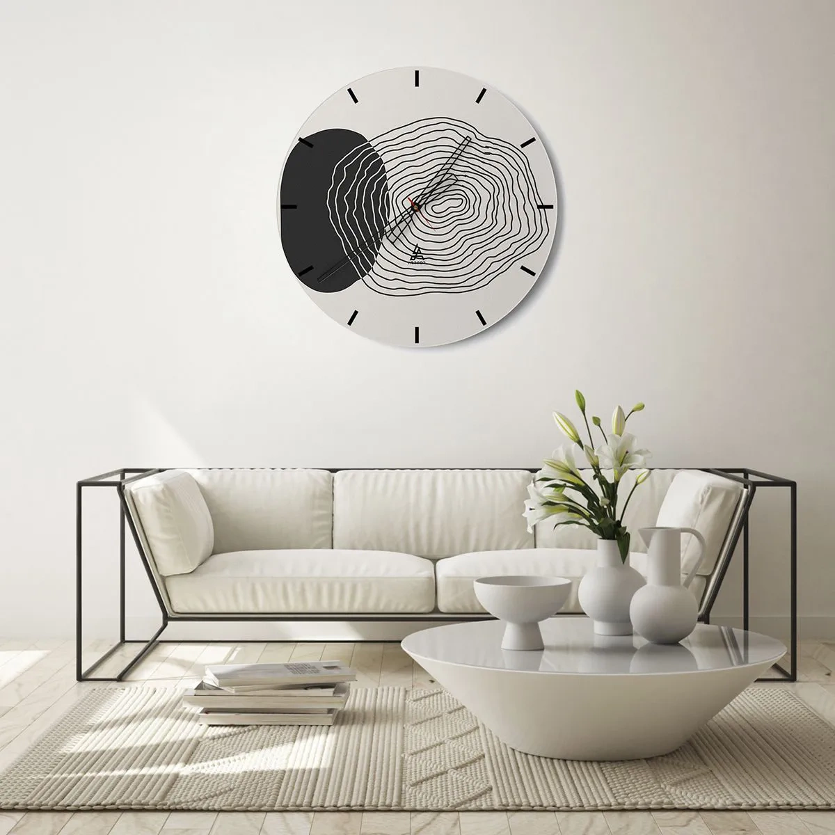 Wall clock - Clock on glass - Abstract lines forming concentric patterns on a light background. - 30x30cm - Durability and Vibration - Modern wall decoration for the living room, kitchen, and bedroom ARTTOR