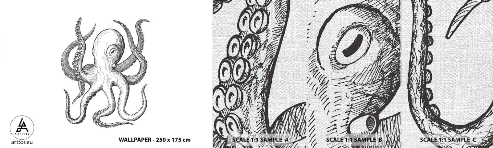 Photo Wallpaper Sample Premium Canvas - Dancing with the Waves - Octopus, Drawing, Seaside - 100x30 cm