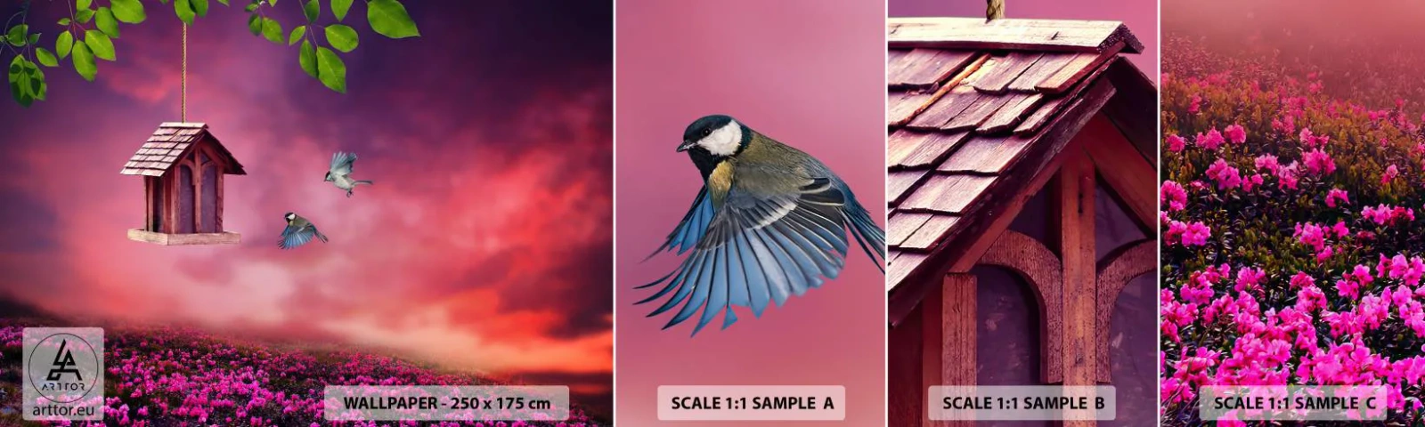 Photo Wallpaper Sample Self-Adhesive Deluxe Sticker - Invitation to Dinner - Landscape, Flowers, Birdhouse - 100x30 cm