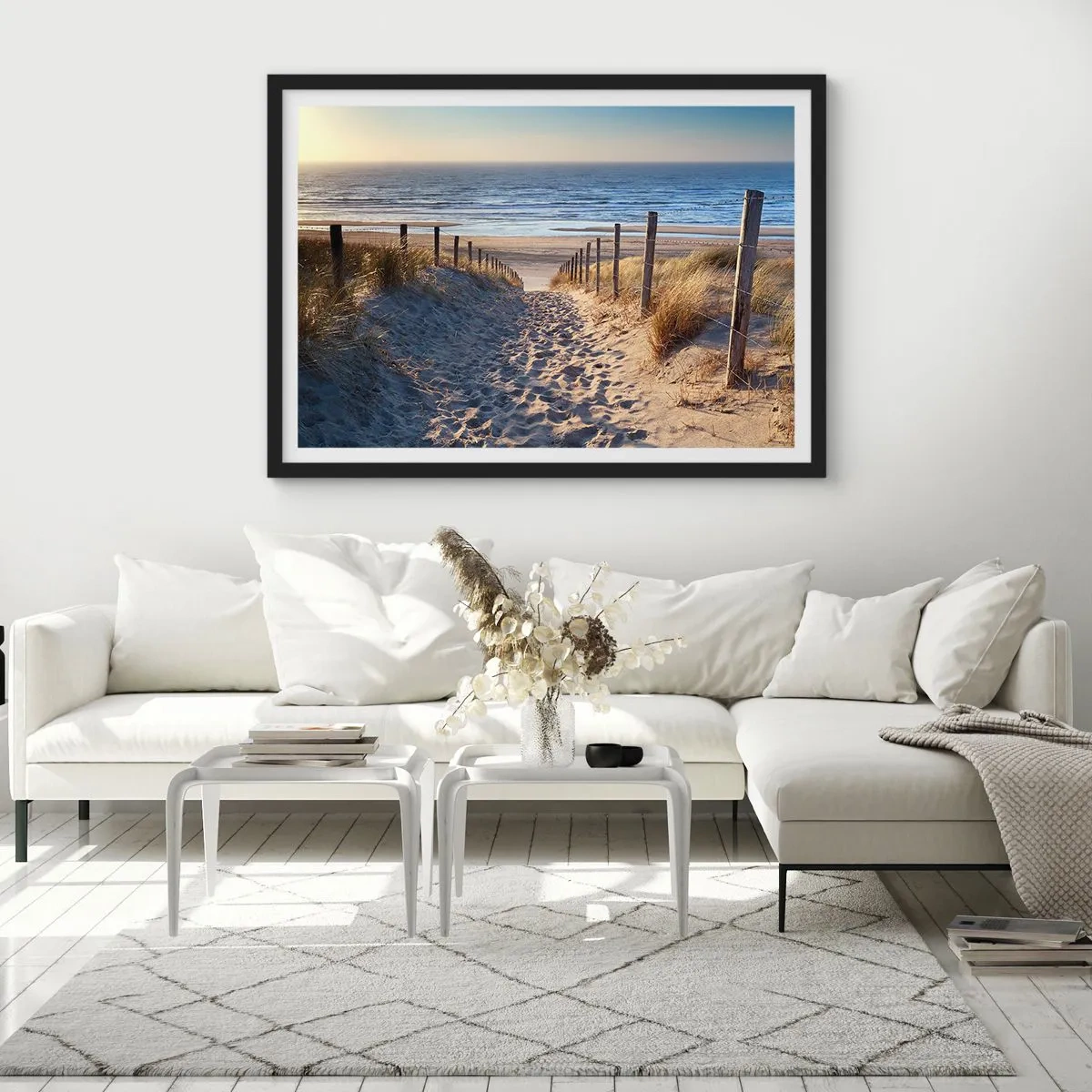 Poster in black frame - Sound of the Sea, Singing of the Birds, Wild Beach among Grass - 40x30 cm