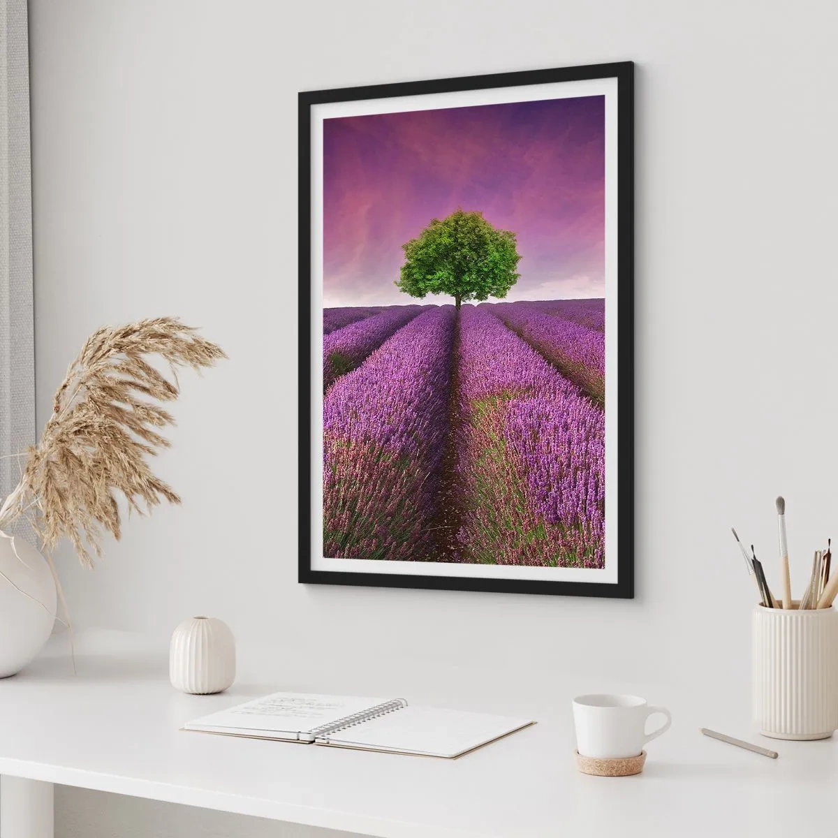 Poster in black frame - A lavender field with a lone tree against a purple sky - 50x70cm - In the Fields of Lavender - Modern wall decoration for the living room and bedroom ARTTOR