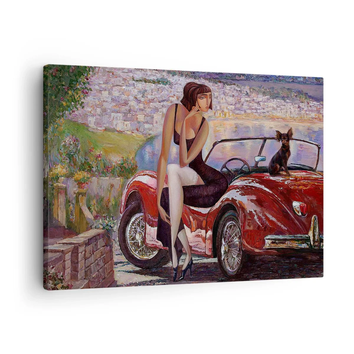 Canvas picture - A woman by a red car with a town in the background - 70x50cm - Summer? Only in Riviera - Modern wall decoration for the living room and bedroom ARTTOR