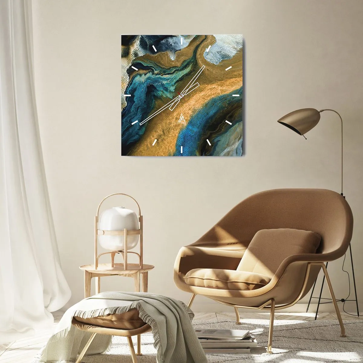 Wall clock - Clock on glass - Blue -Yellow - Mutal Influences - 40x40 cm