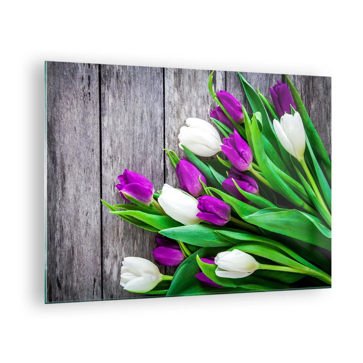 Glass picture - A bouquet of purple and white tulips on a wooden background - 70x50cm - On a Spring Holiday - Modern wall decoration for the living room and bedroom ARTTOR