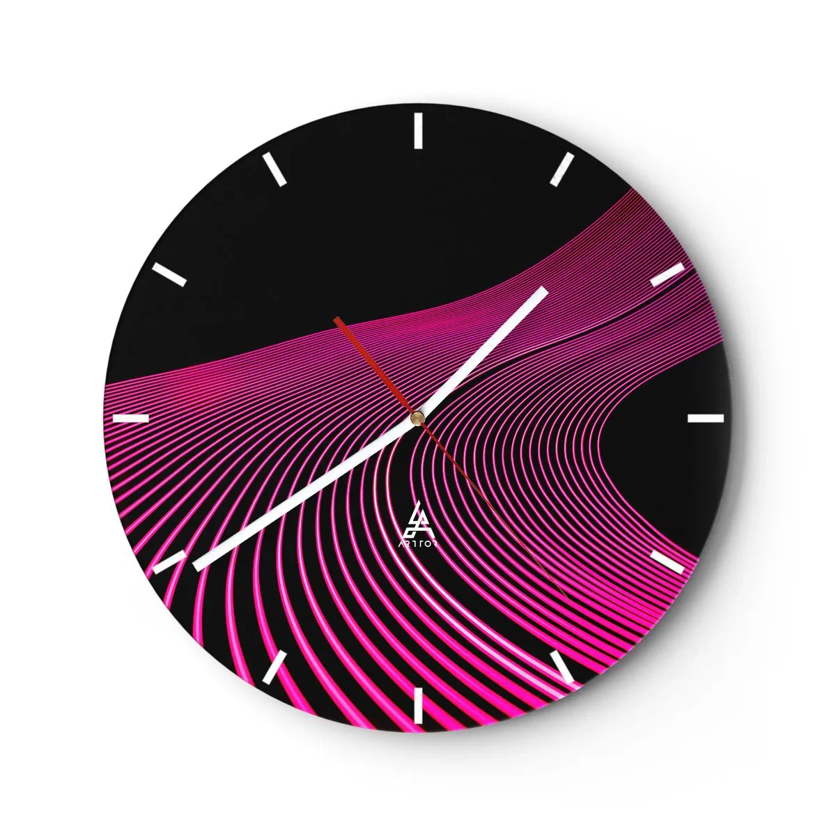 Wall clock - Clock on glass - Purple lines on a black background in a futuristic composition - 30x30cm - Alley of Light - Modern wall decoration for the living room, kitchen, and bedroom ARTTOR