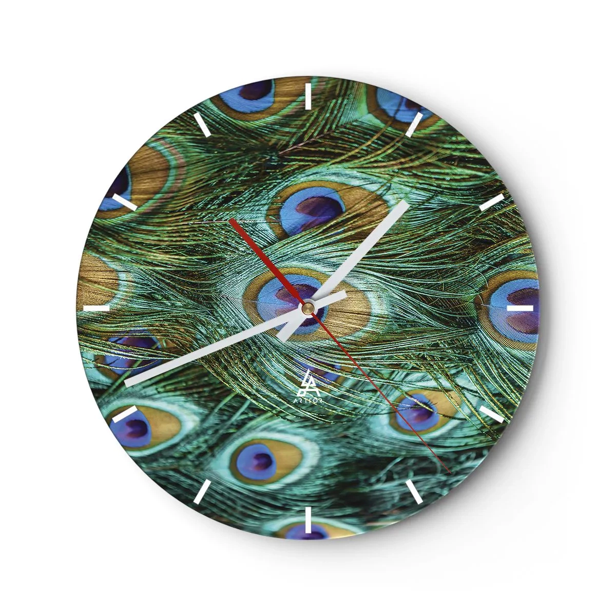 Wall clock - Clock on glass - Peacock feathers in green and blue shades - 30x30cm - Peacock Eyes - Modern wall decoration for the living room, kitchen, and bedroom ARTTOR