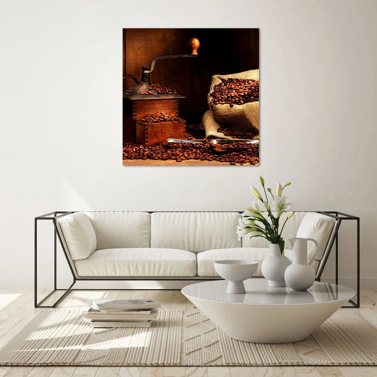Glass picture - Still Life with Coffee Grains and a Grinder - 70x70 cm