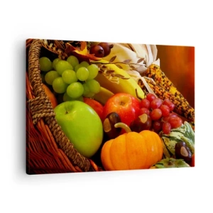 Canvas picture - A basket of fruit, pumpkins, and corn against a background of autumn colors. - 70x50cm - Basket of Abundance - Modern wall decoration for the living room and bedroom ARTTOR