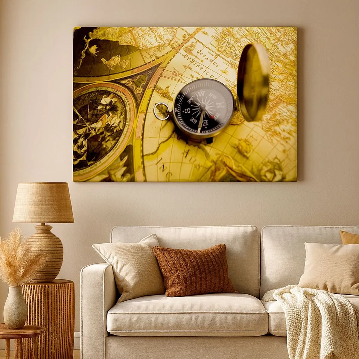 Canvas picture - An antique compass against the background of an old world map - 70x50cm - To the End of the World? - Modern wall decoration for the living room and bedroom ARTTOR