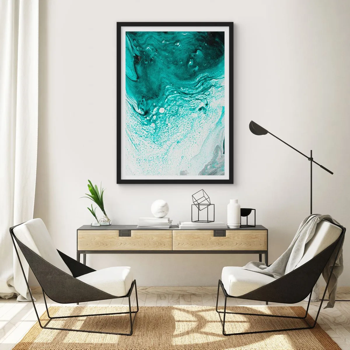 Poster in black frame - Dissolving in White and Turquoise - 40x50 cm