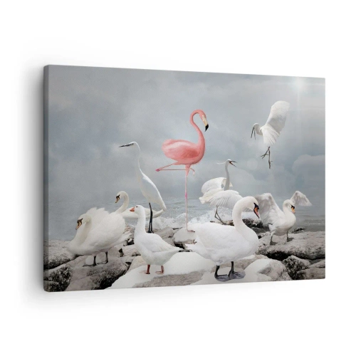 Canvas picture - A pink flamingo among white swans against the backdrop of a lake - 70x50cm - Where Did I Come from? - Modern wall decoration for the living room and bedroom ARTTOR