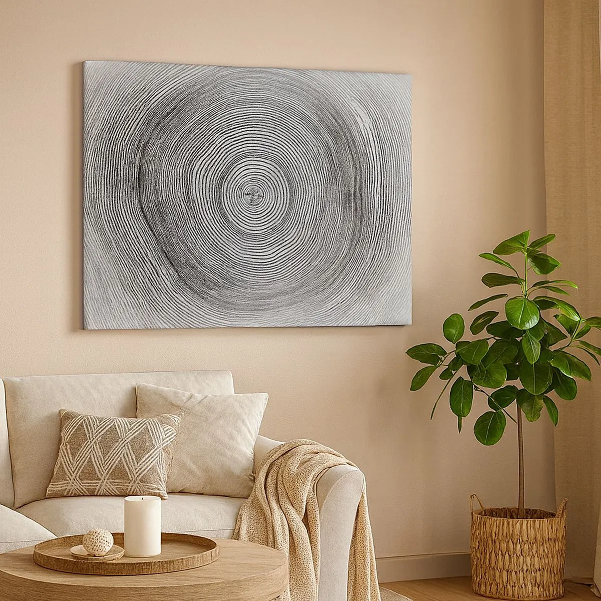 Canvas picture - Black and white tree ring pattern showing a cross-section of the trunk - 70x50cm - Sign of the Time - Modern wall decoration for the living room and bedroom ARTTOR