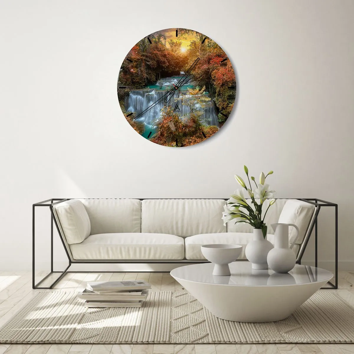 Wall clock - Clock on glass - Autumn landscape with a waterfall in the light of the setting sun - 30x30cm - Hidden Forest Treasure - Modern wall decoration for the living room, kitchen, and bedroom ARTTOR