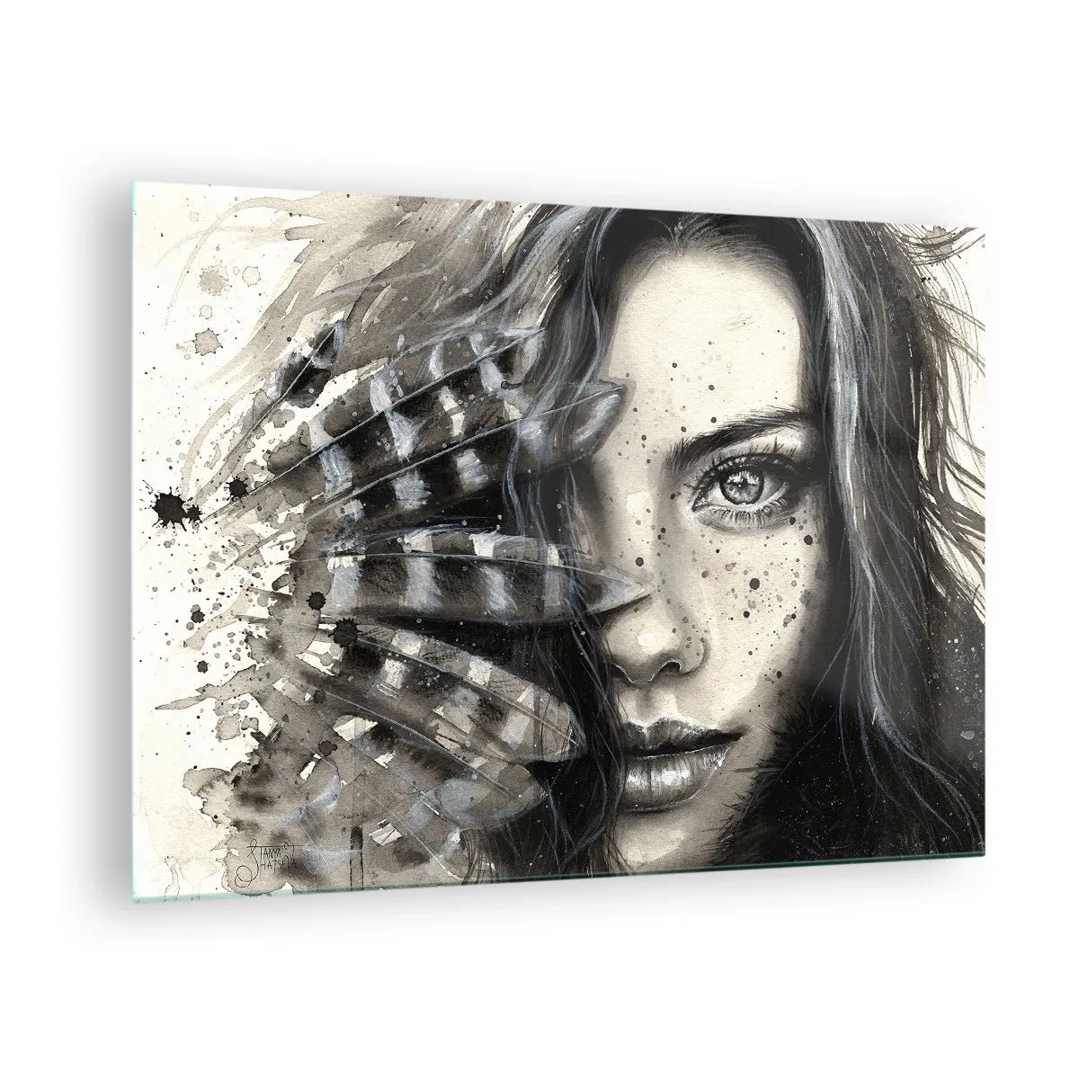 Glass picture - Portrait of a woman with feathers and abstract details - 70x50cm - Wild Beauty - Modern wall decoration for the living room and bedroom ARTTOR