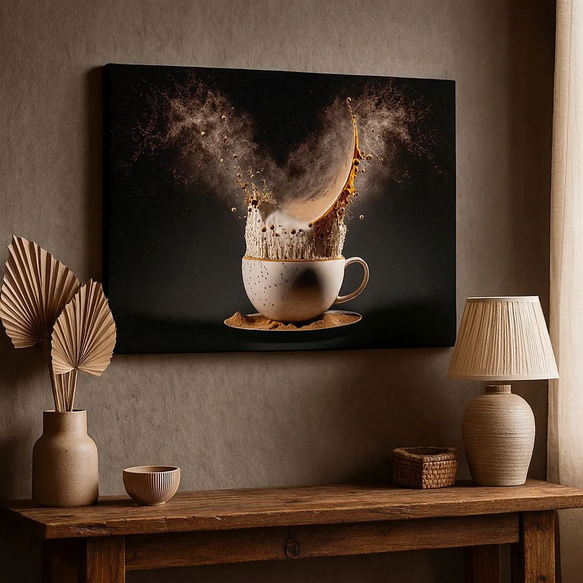 Canvas picture - A cup of coffee with a dynamic explosion of liquid on a black background. - 70x50cm - Explosion of Flavour - Modern wall decoration for the living room and bedroom ARTTOR