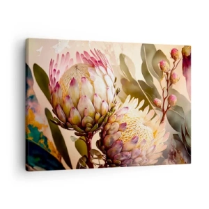 Canvas picture - Colorful protea flowers on a delicate background - 70x50cm - Tender Caress - Modern wall decoration for the living room and bedroom ARTTOR