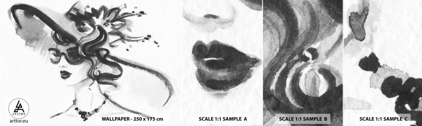 Photo Wallpaper Sample Standard Eco - Lady with a Character - Woman In A Hat, Woman's Face, Black and white - 100x30 cm