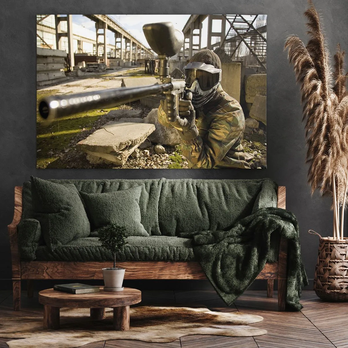 Canvas picture - A paintball player in camouflage gear aiming a marker - 70x50cm - You Can Be a Hero Too - Modern wall decoration for the living room and bedroom ARTTOR