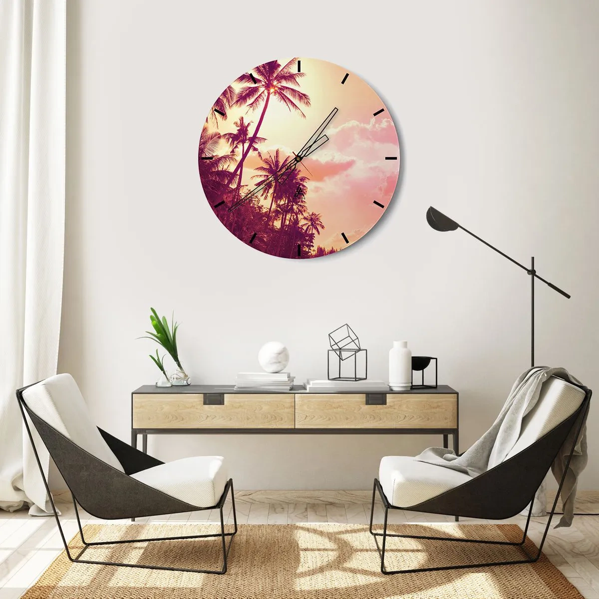 Wall clock - Clock on glass - Palm trees against the sky at sunset - 30x30cm - You Have to Choose - Modern wall decoration for the living room, kitchen, and bedroom ARTTOR
