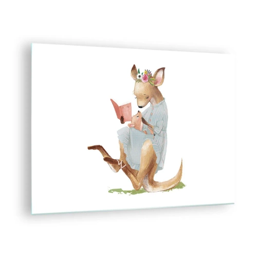 Glass picture - A mother kangaroo reading a book to a baby kangaroo - 70x50cm - Read to Me, Mum - Modern wall decoration for the living room and bedroom ARTTOR