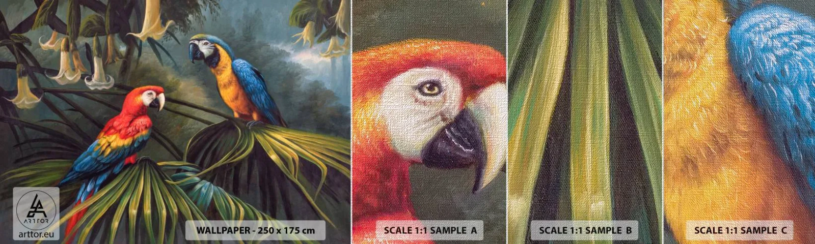 Photo Wallpaper Sample Premium Canvas - Romanticism in Tropics - Ara parrot, Animals, Tropical forest - 100x30 cm