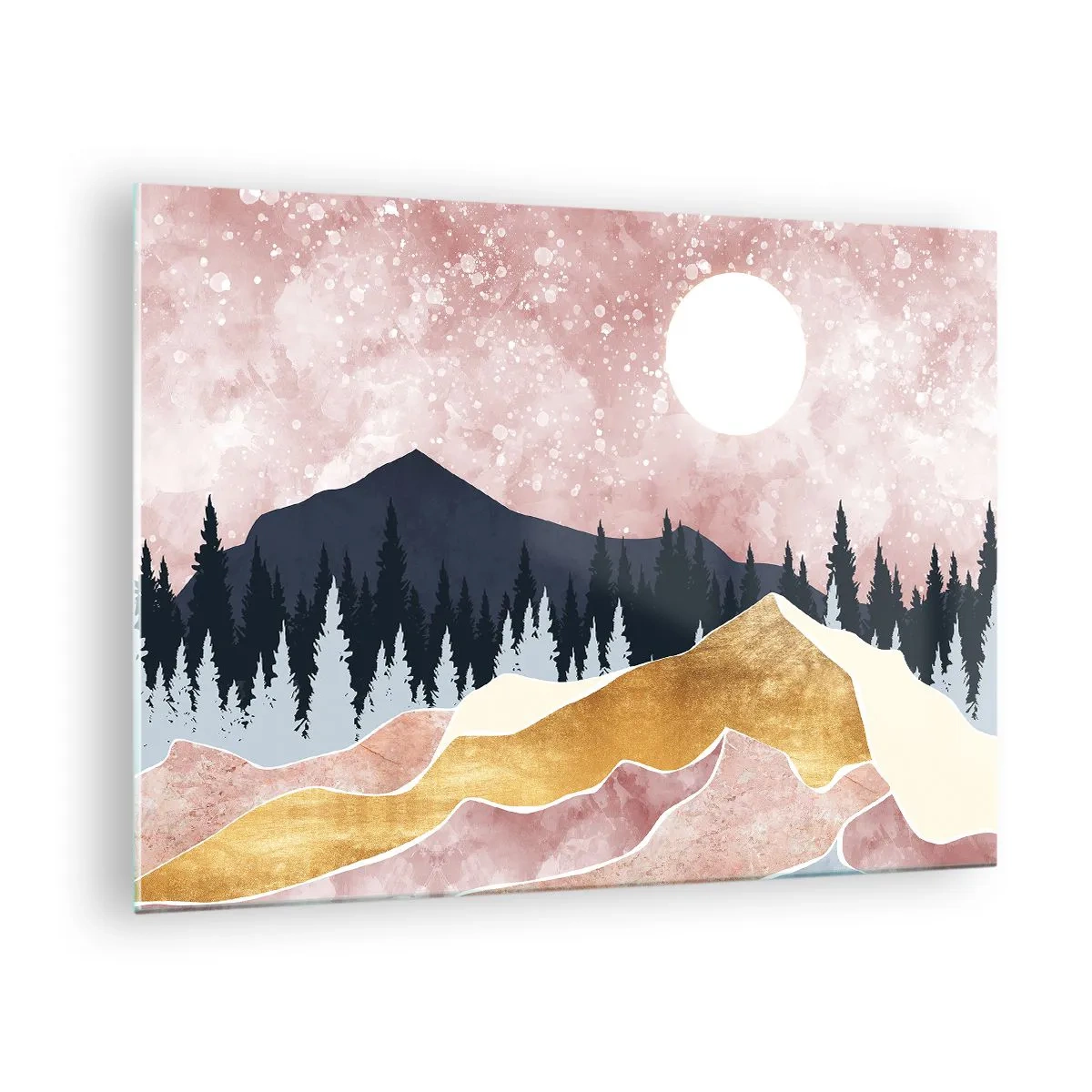 Glass picture - Mountains and forest in the moonlight against a pink sky - 70x50cm - Night Guard - Modern wall decoration for the living room and bedroom ARTTOR