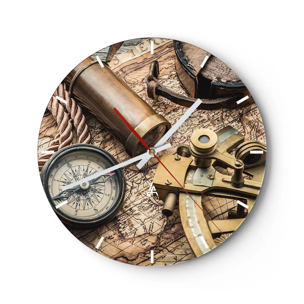 Wall clock - Clock on glass - Navigation set with map, compass and sextant - 30x30cm - Show the Way - Modern wall decoration for the living room, kitchen, and bedroom ARTTOR