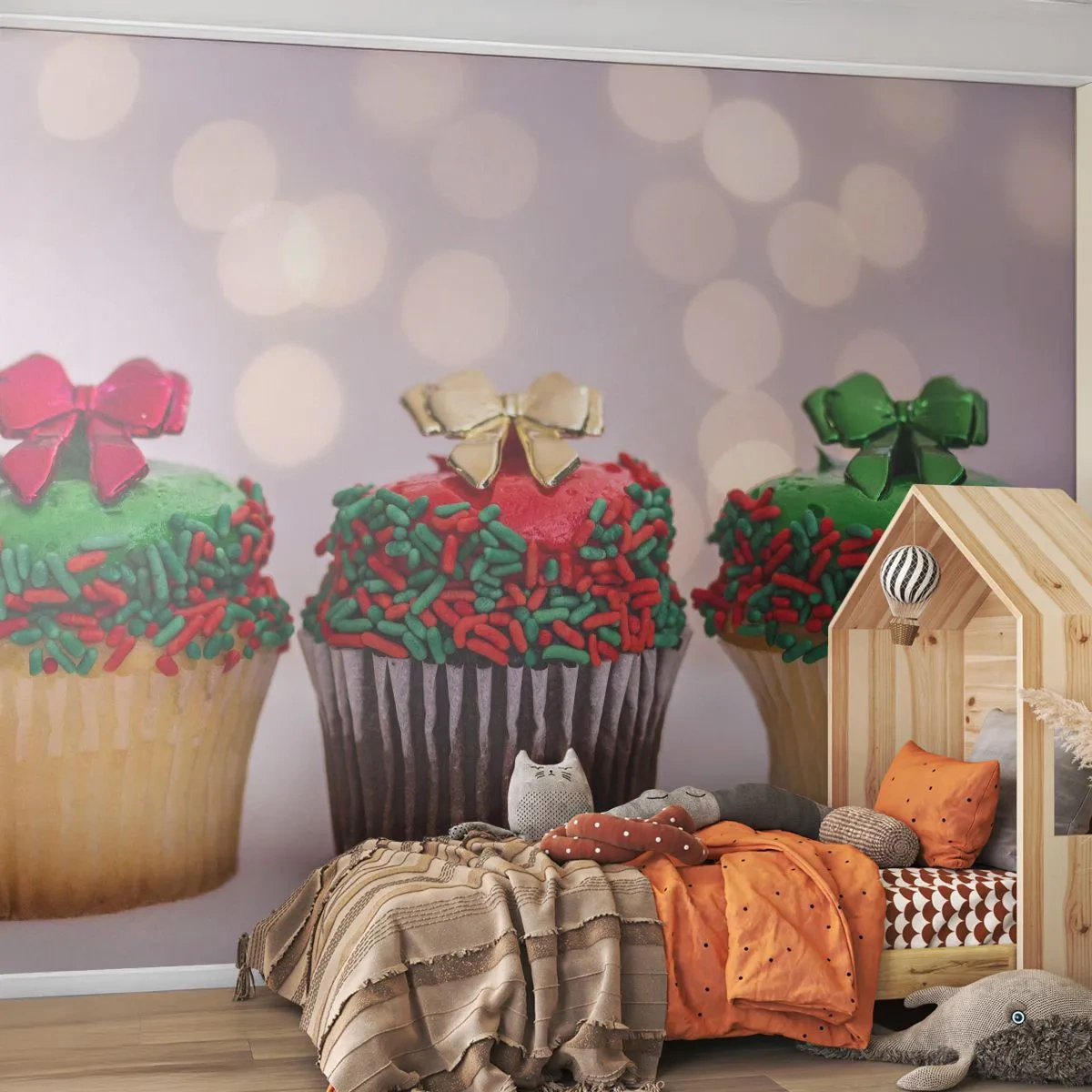 Photo Wallpaper Premium Canvas - Cakes with a Bow - Gastronomy, Cookies, Colorful muffins - 200x140 cm