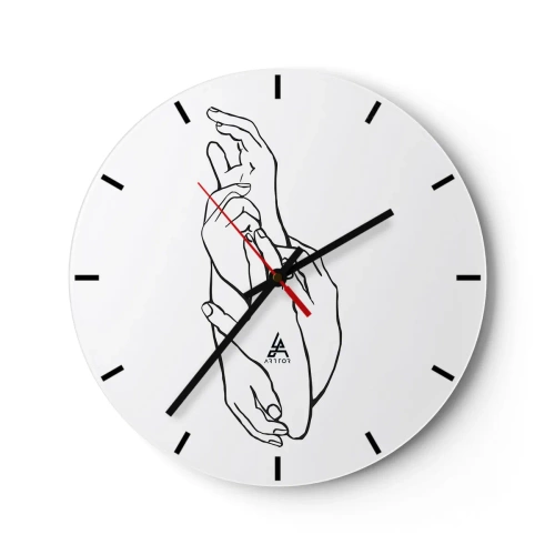 Wall clock - Clock on glass - A delicate sketch of two clasped hands on a white background - 30x30cm - Good Touch - Modern wall decoration for the living room, kitchen, and bedroom ARTTOR
