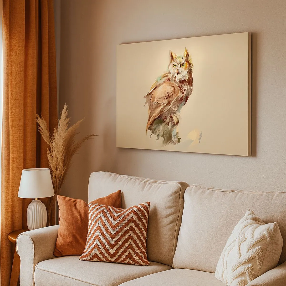 Canvas picture - Artistic portrait of an owl against a light background in warm shades. - 70x50cm - The Wisest Owl - Modern wall decoration for the living room and bedroom ARTTOR