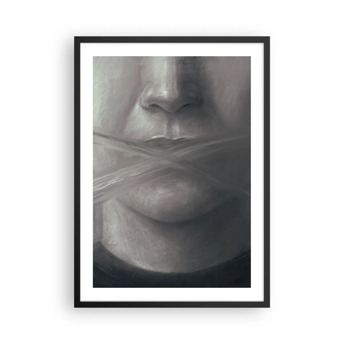Poster in black frame - A symbolic face with a covered mouth in monochromatic colors. - 50x70cm - Not a Word - Modern wall decoration for the living room and bedroom ARTTOR