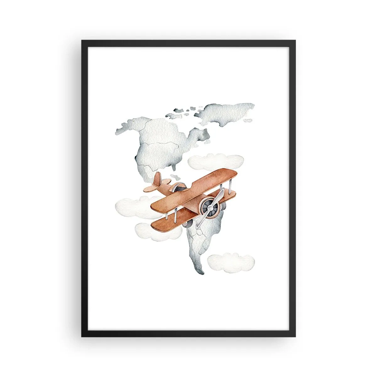 Poster in black frame - A biplane over a world map in the clouds - 50x70cm - In a Pioneering Spirit - Modern wall decoration for the living room and bedroom ARTTOR