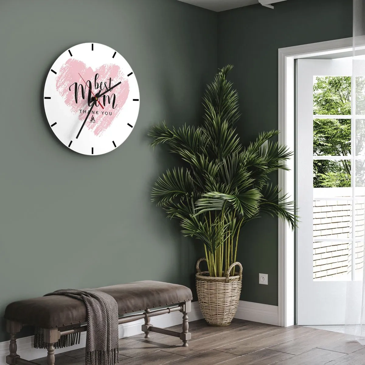 Wall clock - Clock on glass - A pink heart with the words "best mom" on a white background - 30x30cm - Always the Right Moment - Modern wall decoration for the living room, kitchen, and bedroom ARTTOR